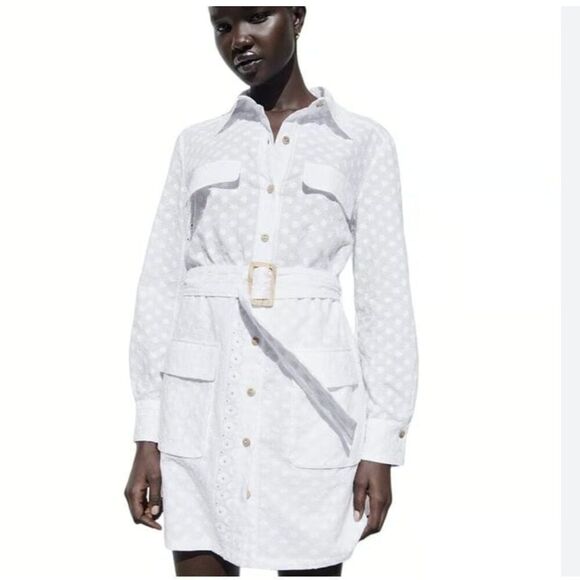 Zara Womans Embroidered Mini Shirt Dress Size M White Eyelet 502/914 NWT - Picture 1 of 7